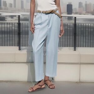 ZARA Women Xs Blue Trouser Pleated Pants Tapered with Braided Belt 2298/129 New